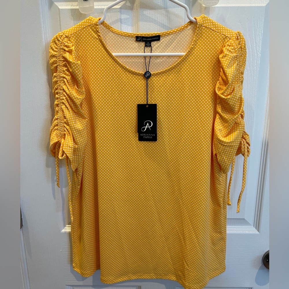 NWT Yellow Polka-dot Blouse with Rouched Sleeve Detail